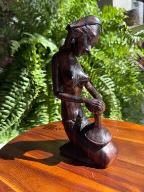 Mid-Century Vintage Balinese Hand-Carved Wood Sculpture –Kneeling Woman Figurine